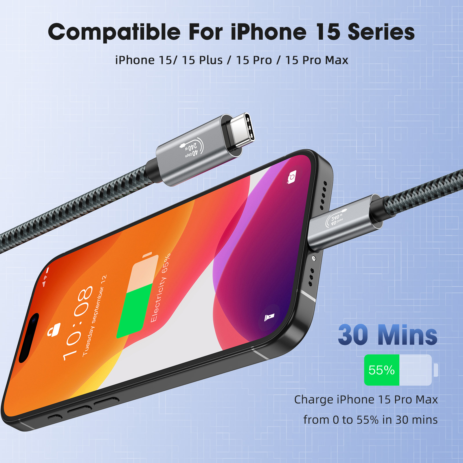 40Gbps USB4.0 USB C to USB C Cable Fast Charging 240W Support 8K60HZ dual 4K 60Hz Compatible with Thunderbolt 4 Cable