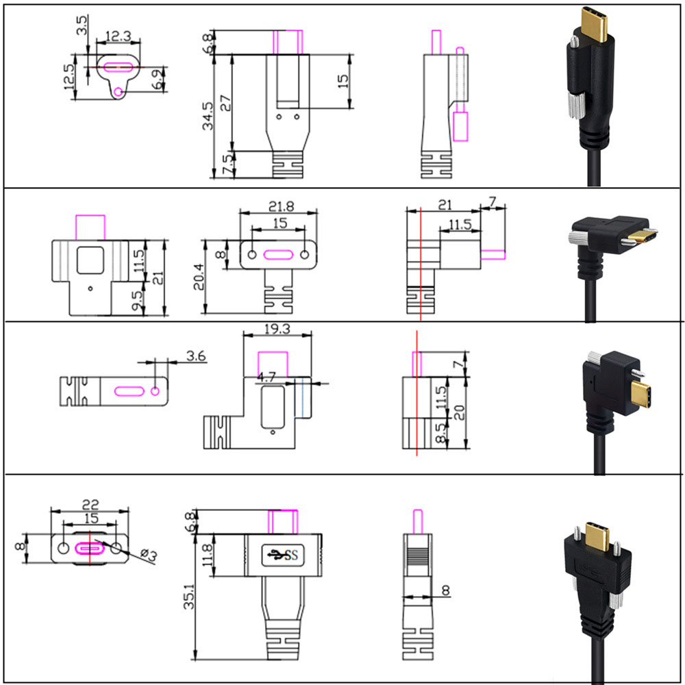 Gold-plated USB3.1 Type-C to USB3.0 male elbow with screws industrial camera lock panel data cable